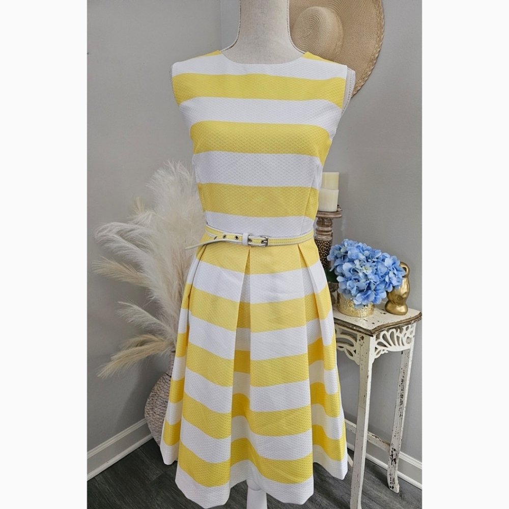 Size 10 Madison Leigh Yellow White Striped Pleated Sleeveless Belted Dress